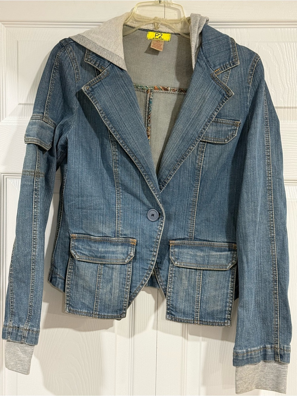 P2 Women's Blue Denim Blazer Jacket with Gray Hood